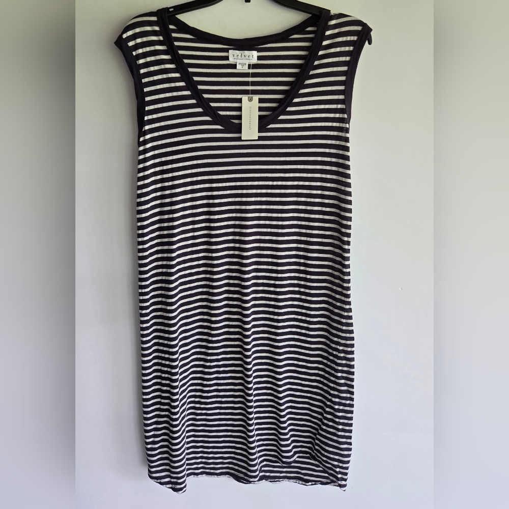 NEW ANTHROPOLOGIE Velvet Striped Navy And White Sleeveless Dress, Size S